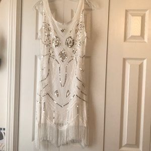 White homecoming dress with gold and white sequins